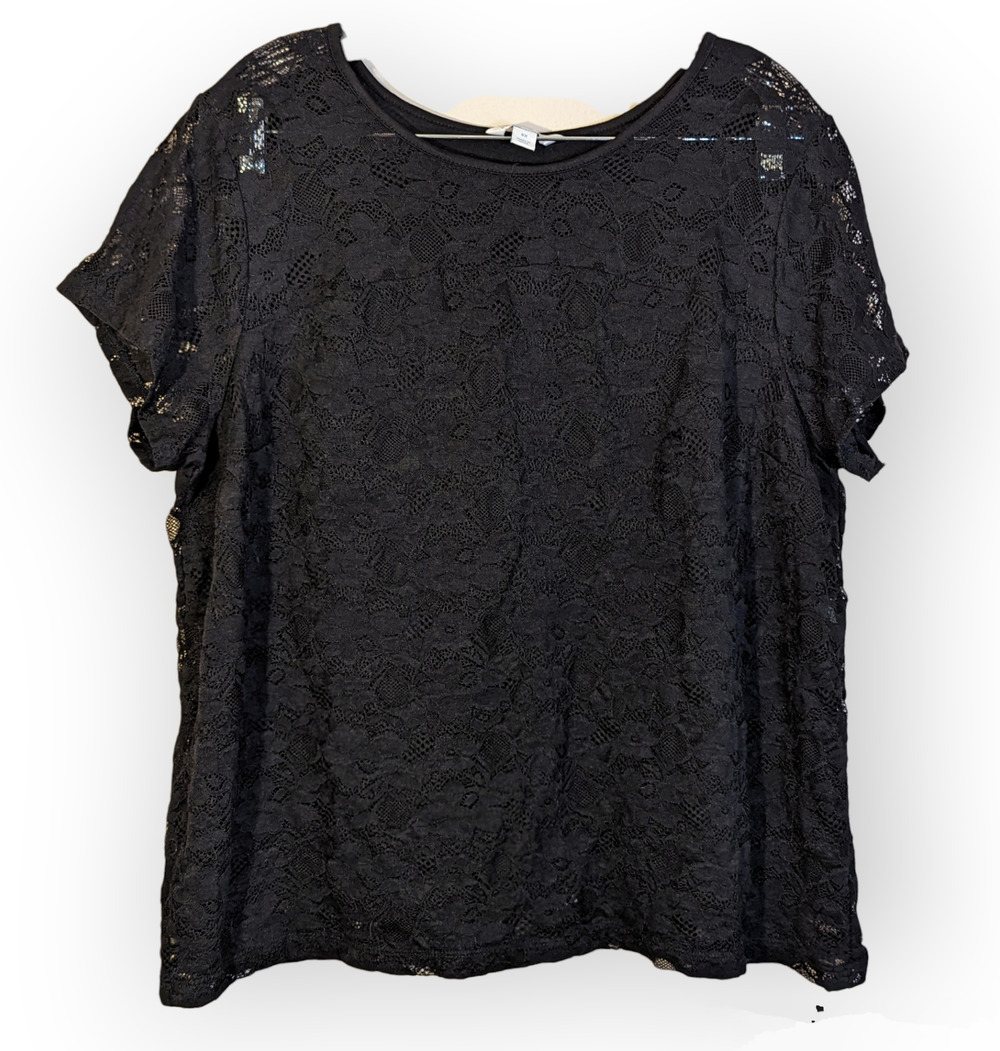 Boutique Brand Womens Black Lace Round Neck Short Sleeve Blouse Tee Shirt 0X